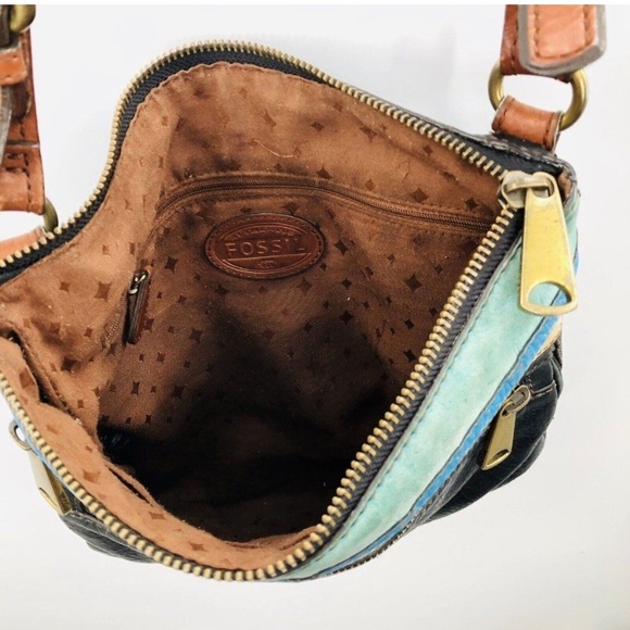Fossil Explorer Crossbody Purse Bag Black Blue Leather Triple Zip Distressed - Picture 6 of 6
